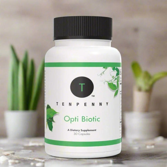 Opti Biotic 30 count lifestyle image showing convenient probiotic support for gut and immune health.