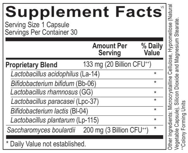 Opti Biotic 30 count supplement facts label displaying ingredients and recommended dosage.