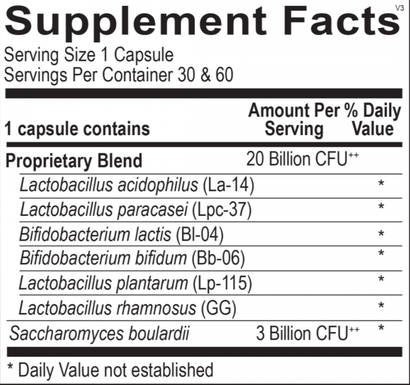 Close-up of the Opti Biotic supplement facts label showing ingredients and dosage information.