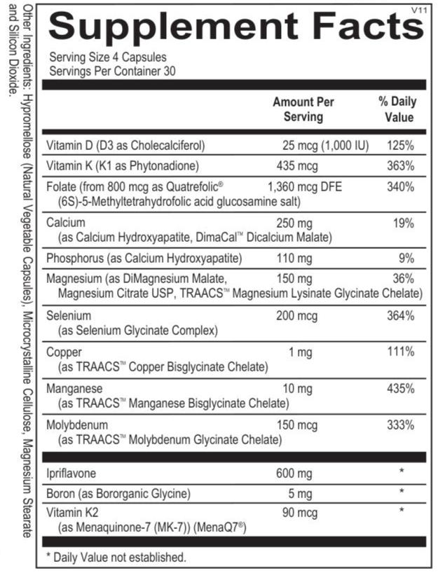 Detailed supplement facts of Opti Bone Health, highlighting key bone health nutrients like calcium, vitamin D, magnesium, and other minerals.