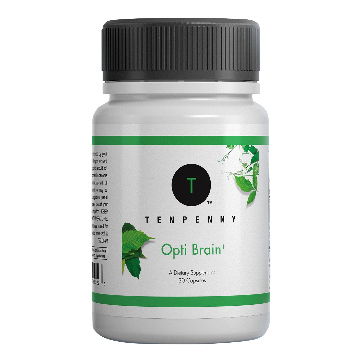 Front view of Opti Brain bottle highlighting cognitive and memory support benefits.