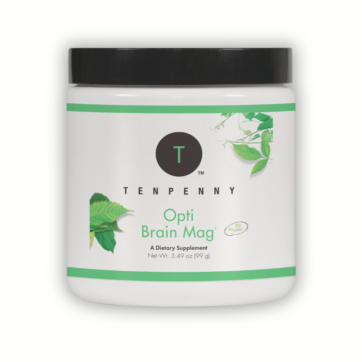 Front view of Opti Brain Mag container supporting mental clarity, emotional balance, and sleep quality.