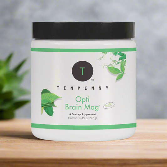 Lifestyle image of Opti Brain Mag supplement promoting memory, focus, and restful sleep.