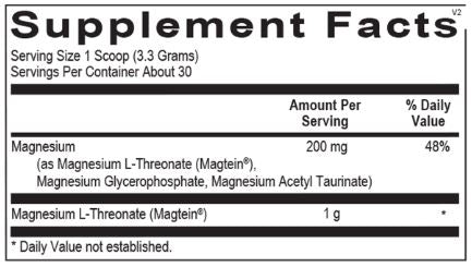 Opti Brain Mag supplement facts showing magnesium L-threonate, acetyl taurinate, and glycerophosphate.