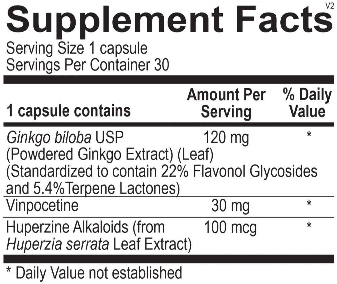 Close-up of the Opti Brain supplement facts label with details on ingredients and benefits.