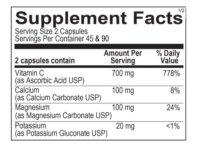 A black and white Supplement Facts label showing supplement information for 2 capsules, including Vitamin C 700 mg, Calcium 100 mg, Magnesium 100 mg, and Potassium 20 mg.