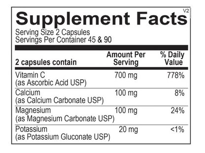 A black and white Supplement Facts label showing supplement information for 2 capsules, including Vitamin C 700 mg, Calcium 100 mg, Magnesium 100 mg, and Potassium 20 mg.