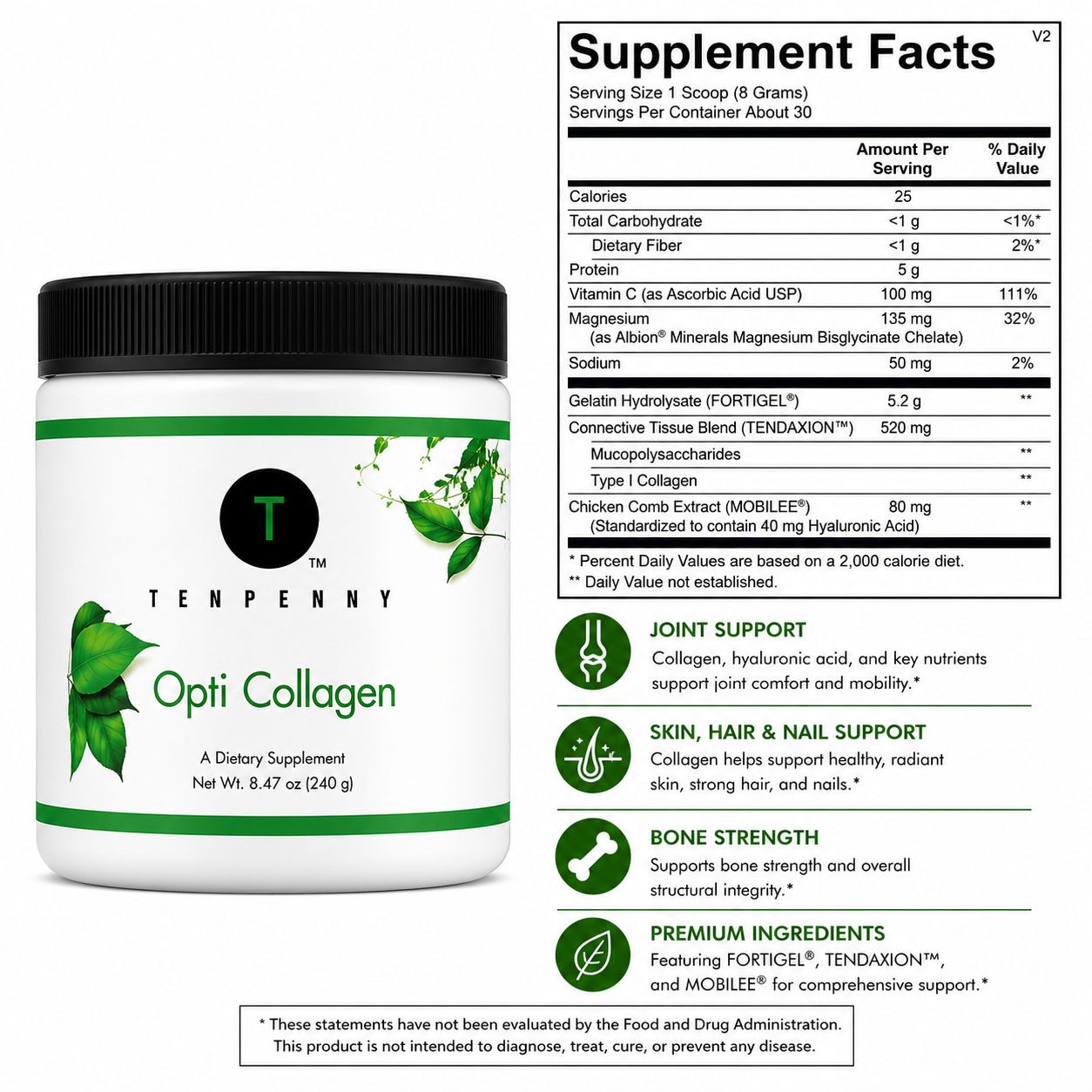 Tenpenny Opti Collagen supplement container with label and supplement facts.
