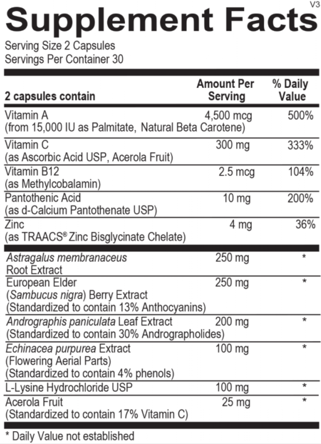 Supplement facts for Opti Early Vira Relief, immune-boosting ingredients for health challenges.