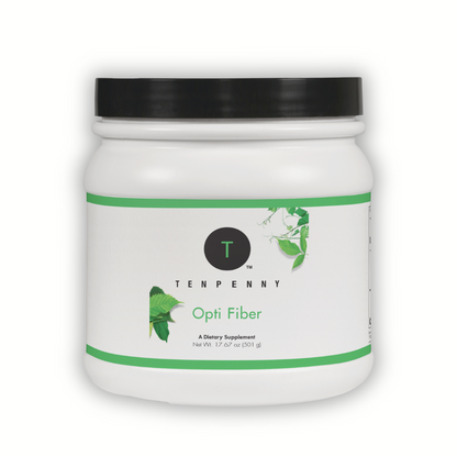 Front view of Opti Fiber container, supporting gut health, satiety, and immune resilience.