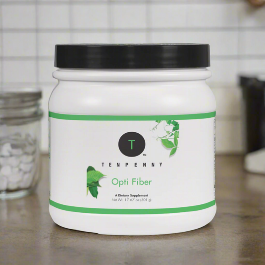 Lifestyle image of Opti Fiber powder promoting digestive health, microbiome support, and appetite control.