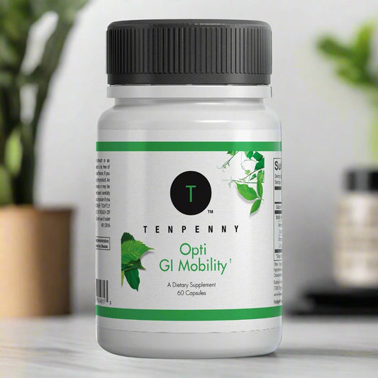 Opti GI Mobility digestive support supplement shown in a lifestyle setting, designed to promote gut health, reduce bloating, and enhance digestive comfort