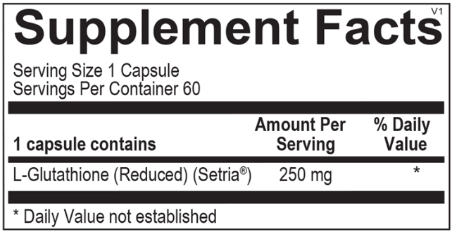 Supplement facts label for Opti Glutathione showing 250 mg of Setria® Reduced L-Glutathione per capsule.