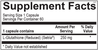 Supplement facts label for Opti Glutathione showing 250 mg of Setria® Reduced L-Glutathione per capsule.