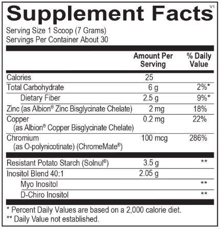 Opti Inositol supplement facts label showing myo-inositol and D-chiro inositol blend with minerals and resistant starch.