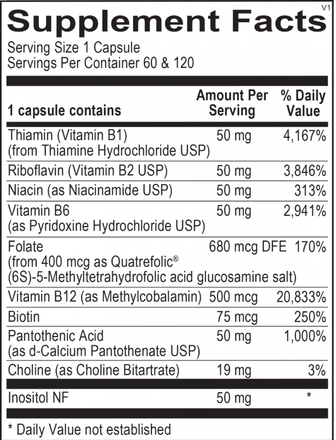 Supplement facts for Opti Methyl B Complex, showcasing B vitamins for metabolism and cognitive health.