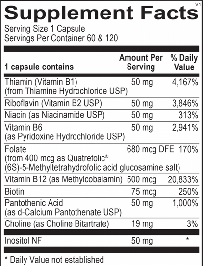 Supplement facts for Opti Methyl B Complex, showcasing B vitamins for metabolism and cognitive health.
