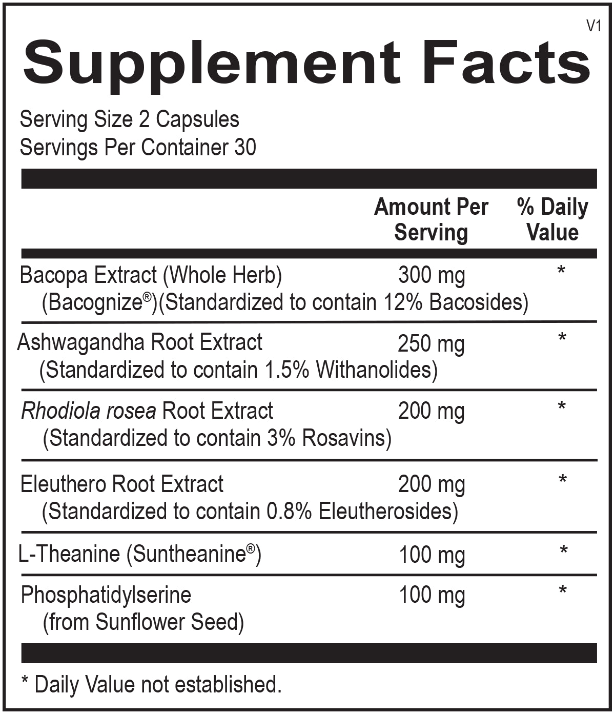 Supplement facts for Opti Stress Support, showing ingredients for stress resilience and calm.