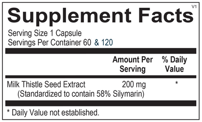 Supplement facts label for Milk Thistle Seed Extract with serving size and container information.