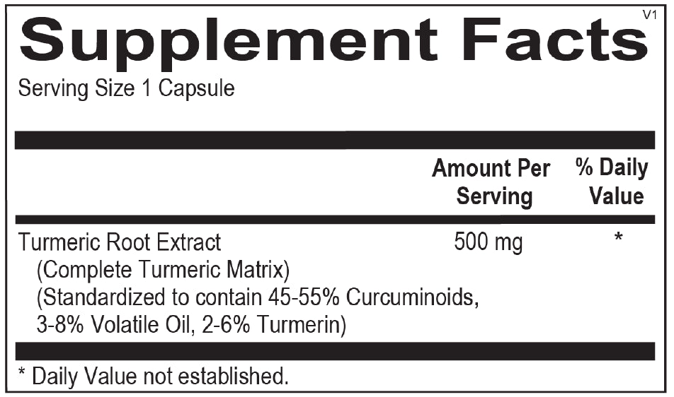 Supplement facts for Opti Turmeric Essentials, detailing ingredients in the complete turmeric matrix.