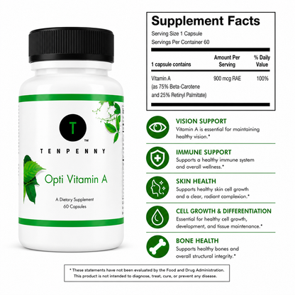 Supplement bottle labeled 'Tenpenny Opti Vitamin A' with supplement facts on a white background