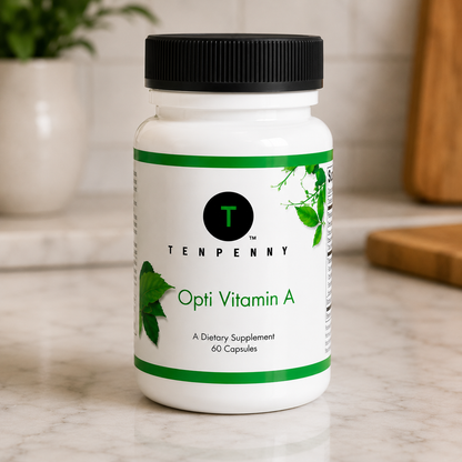Supplement bottle labeled 'Opti Vitamin A' by Ten Penny on a marble surface.
