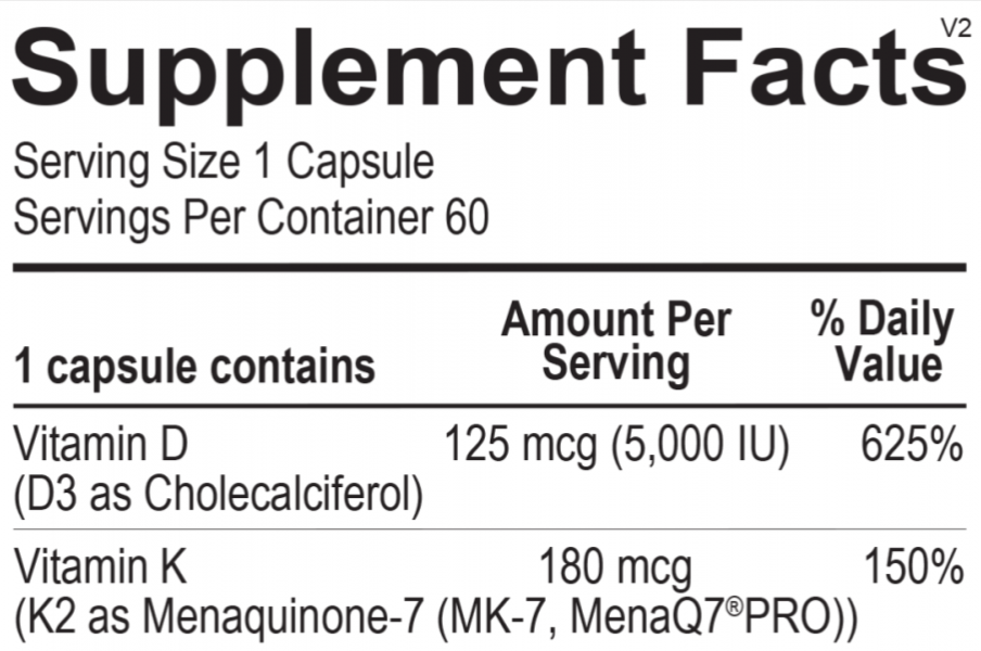 Supplement facts for Opti Vitamin D3+K2, showcasing ingredients for calcium support and vascular health.