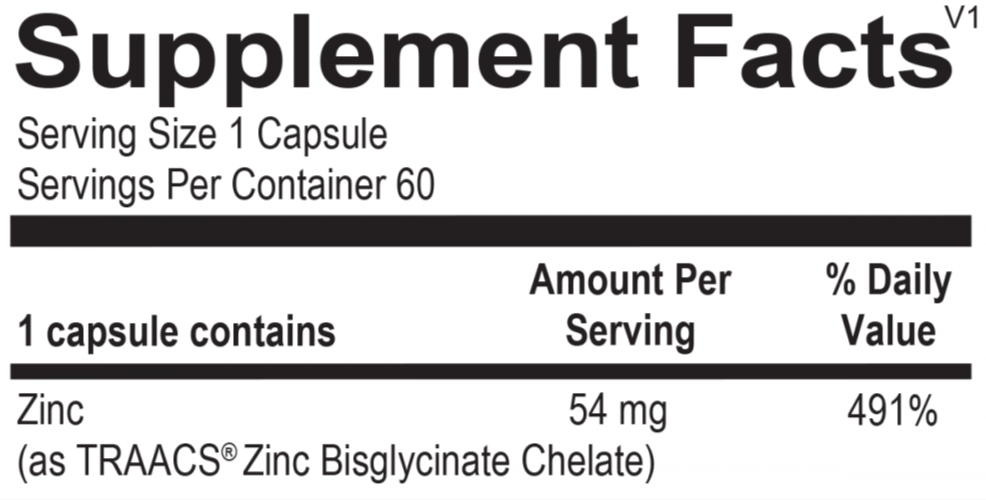 Supplement facts for Opti Zinc, featuring highly absorbable zinc glycinate for immune and tissue health.