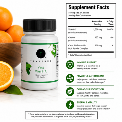 Supplement bottle labeled 'Ten Penny' with vitamin C information and oranges in the background