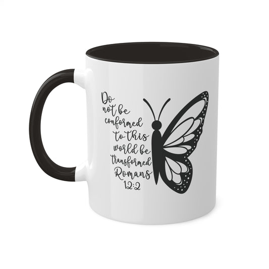 Romans 12:2 mug with butterfly design and the verse 'Do not be conformed to this world, but be transformed,' available in 12 accent colors.