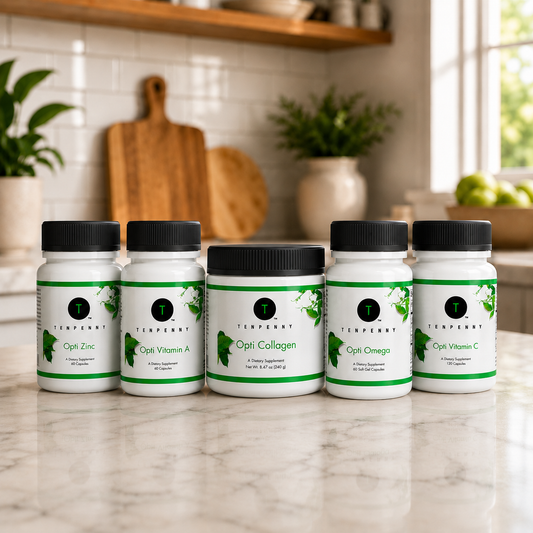 Five bottles of Terpene supplements on a kitchen counter with a blurred background