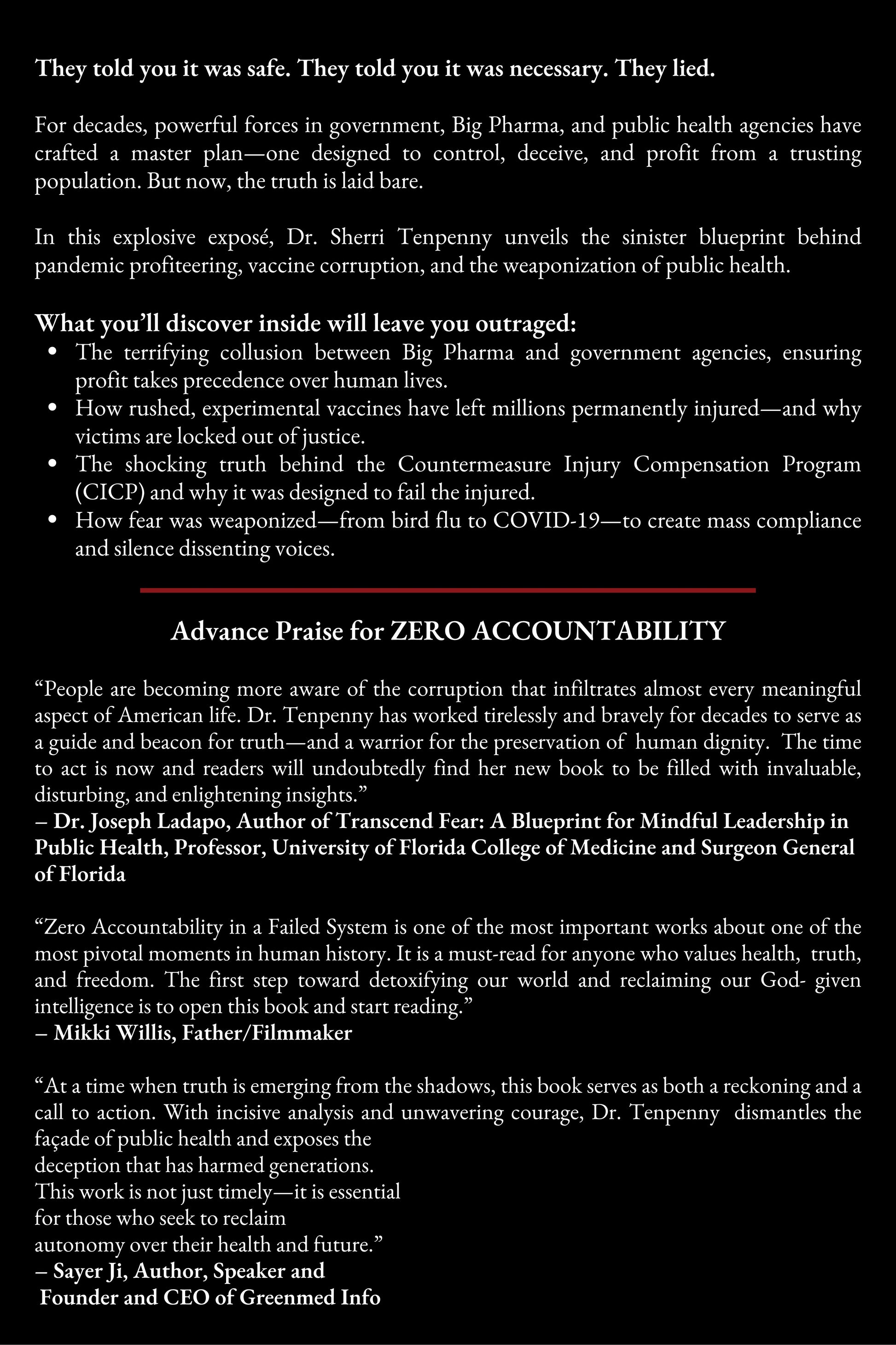 Back cover of Zero Accountability in a Failed System by Dr. Sherri Tenpenny. Includes a book synopsis detailing vaccine corruption, CICP failures, and pandemic manipulation, along with endorsements from Dr. Joseph Ladapo, Mikki Willis, and Sayer Ji. A barcode and ISBN are visible at the bottom.