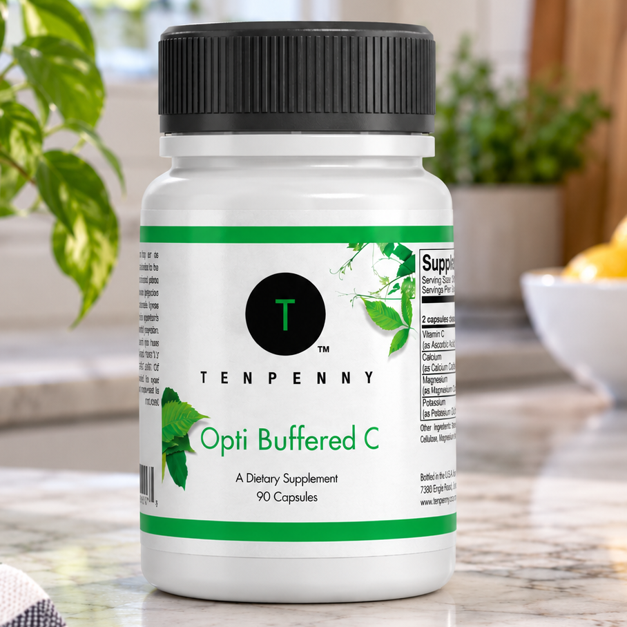 A bottle of Tenpenny Opti Buffered C dietary supplement capsules, set on a marble kitchen countertop with a potted plant and lemon bowl in the background.