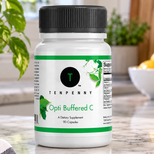 A bottle of Tenpenny Opti Buffered C dietary supplement capsules, set on a marble kitchen countertop with a potted plant and lemon bowl in the background.